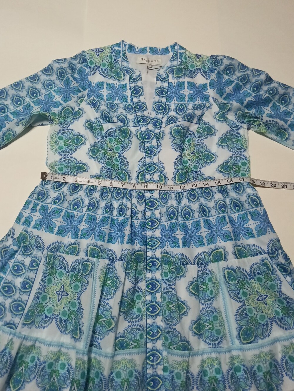 Hale Bob Leela Voile Mini Dress Blue Teal Paisley Tiered Flounce Sleeve Size S - Picture 6 of 14